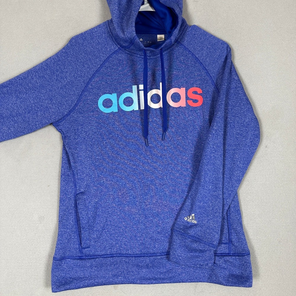 Adidas Hoodie Womens Large Climawarm Blue Graphic Ombre Logo Pullover Sweatshirt
